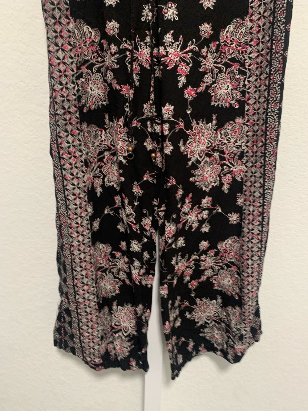 Angie Black Pink Boho Floral Wide-Leg High Rise Pants - Picture 3 of 7